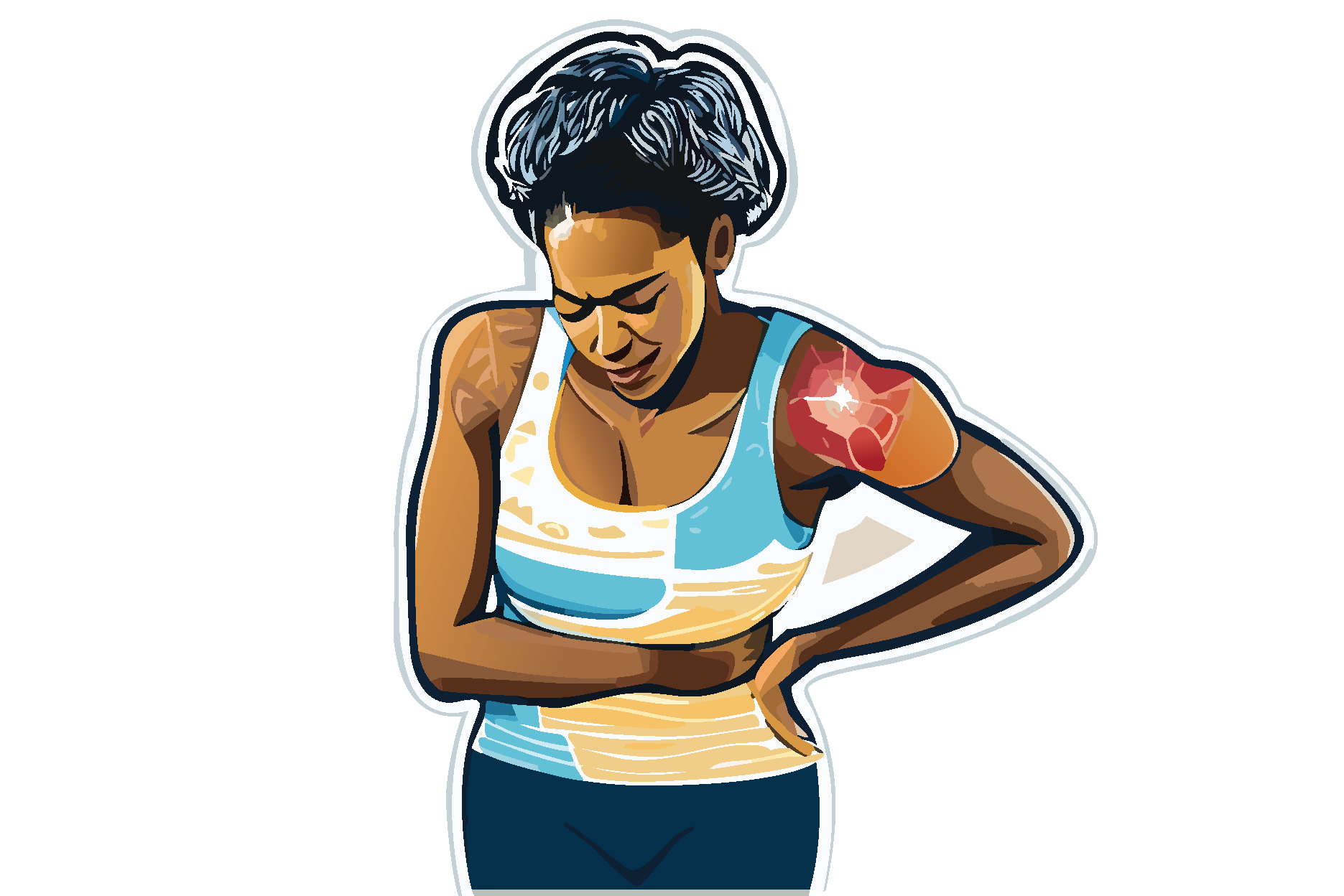 A women bends over in pain, her shoulder is red to signify pain.