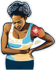 Illustration of woman bent over in pain with red on her shoulder to signify pain.