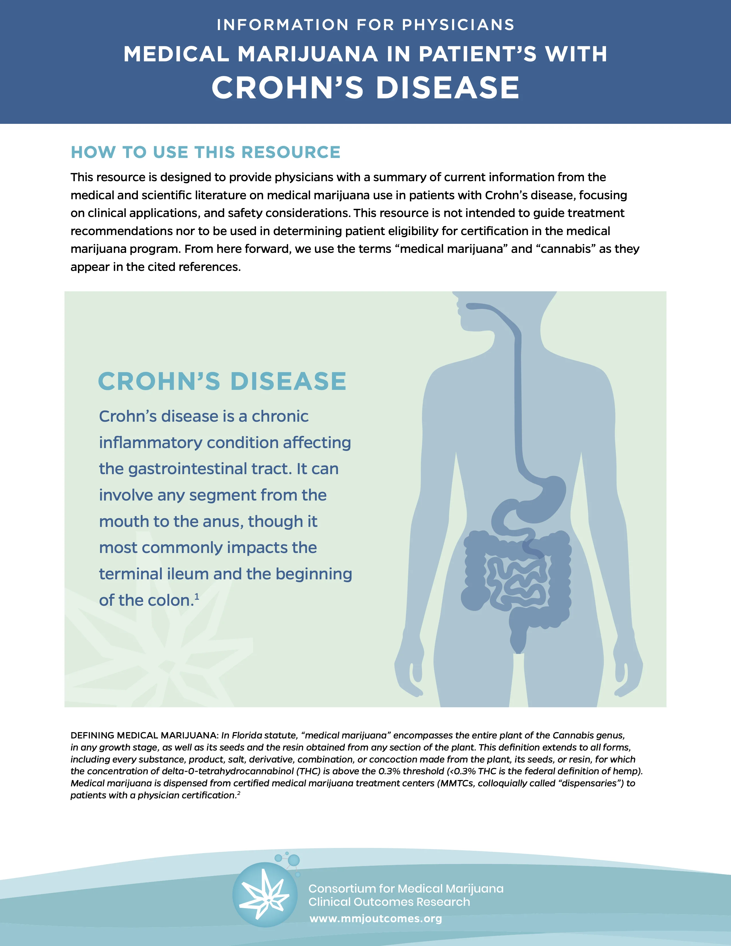 Screenshot of fact sheet titled'INFORMATION FOR PHYSICIANS: MEDICAL MARIJUANA IN PATIENT'S WITH CROHN'S DISEASE' from the Consortium for Medical Marijuana Clinical Outcomes Research.
