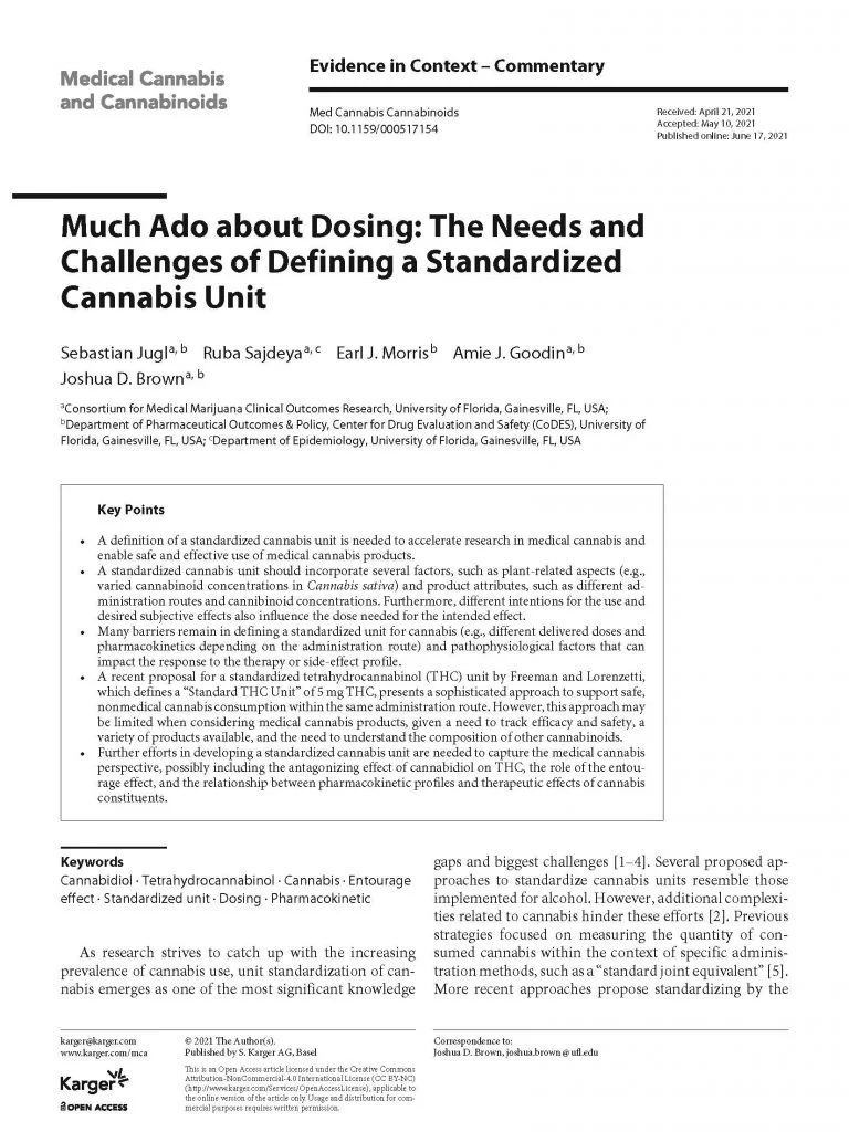 First page of an academic article titled 'Much Ado about Dosing: The Needs and Challenges of Defining a Standardized Cannabis Unit' from the journal 'Medical Cannabis and Cannabinoids'. The article is authored by Sebastian Jugl, Ruba Sajdeya, Earl J. Morris, Amie J. Goodin, and Joshua D. Brown from the University of Florida, published online June 17, 2021.