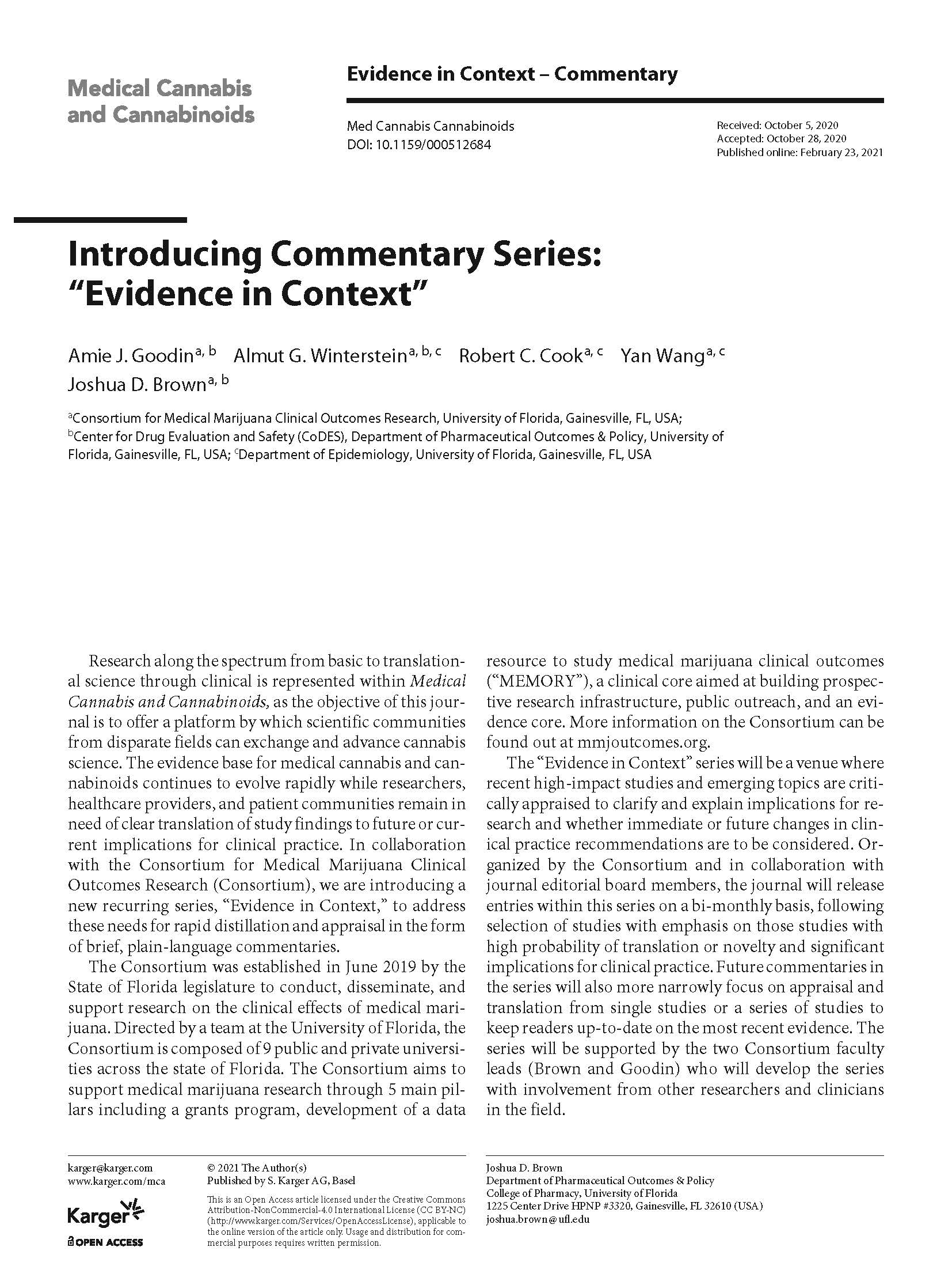 First page of an academic article titled 'Introducing Commentary Series: Evidence in Context' from the journal 'Medical Cannabis and Cannabinoids'. The article is authored by Amie J. Goodin and colleagues from the University of Florida, published online February 23, 2021.