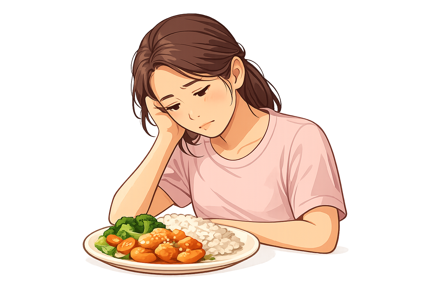 A person hunched over a plate of food, unable to eat due to loss of appetite.