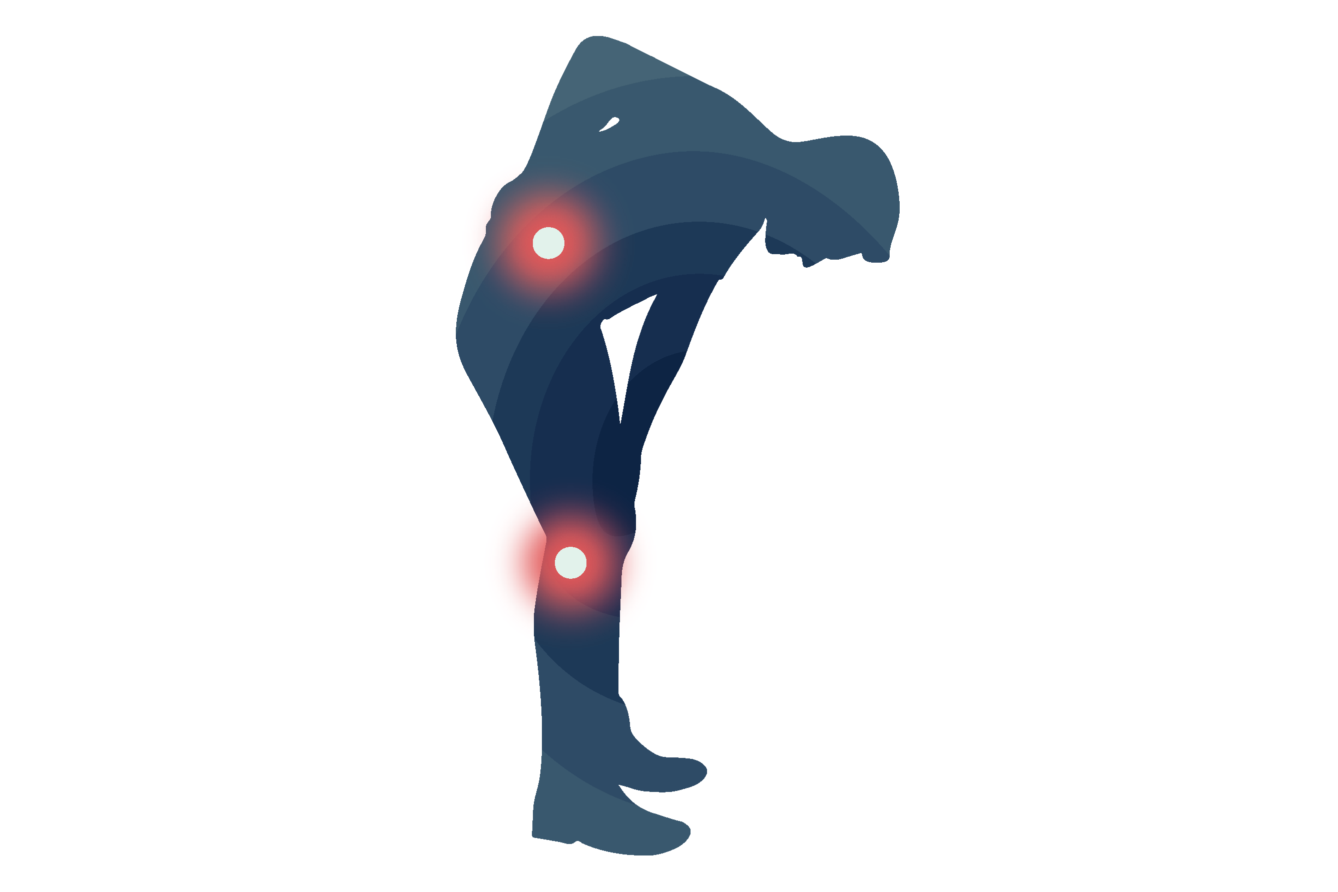 A silhouette of a person bent over in pain. There are red dots over their back and knee to signify pain.