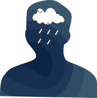 A silhouette of a person with a raincloud over their head to signify depression.