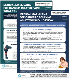 Two pages of info sheets showing Medical Marijuana for Cancer-Related Pain and Medical Marijuana for Cancer Cachexia.