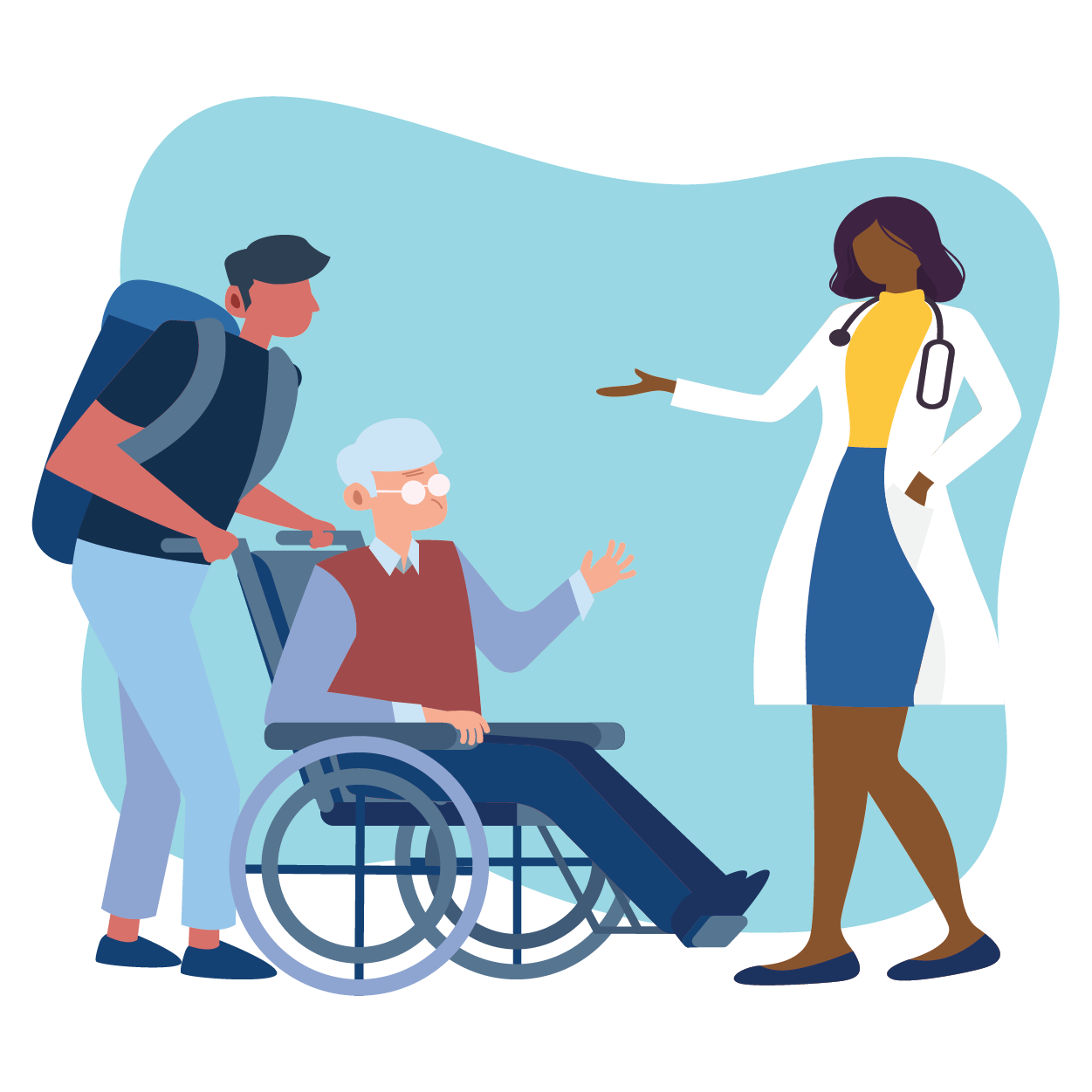 Graphic of person in wheelchair talking to a physician