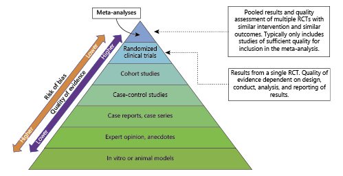 Pyramid showing the risk of bias between different research including RCTs and meta-analyses
