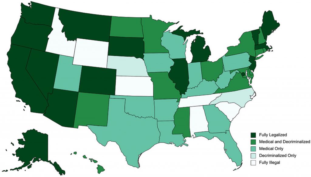 Map of the United States showing where marijuana is fully legally, medically legal, and not legal